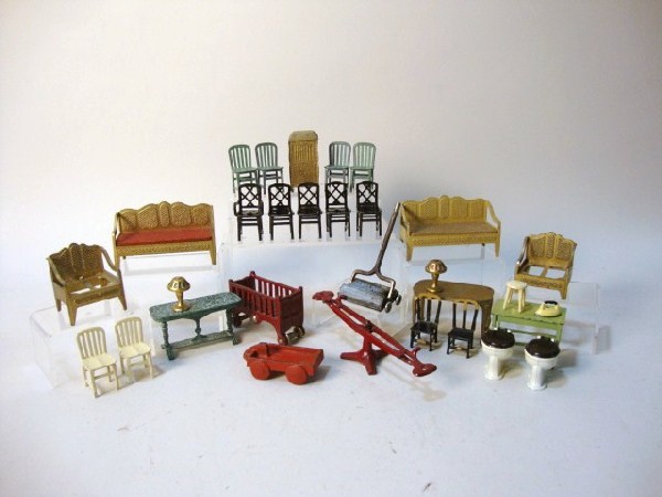 Tootsietoy and Kilgore Furniture: Tootsietoy living room pieces, kitchen chairs, Victrola, commodes, Kilgore sweeper, seesaw, cradle, unmarked wagon, 3 3/4" t