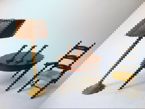 Tynietoy Table, Chair, Lamp: Tynietoy round table, rush-seat chair, floor lamp (replaced shade), 3 wood candlesticks. Lamp & table are marked.