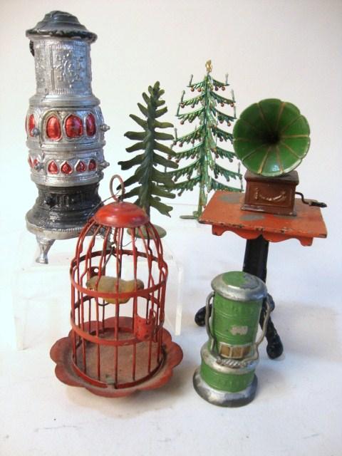 Dollhouse Table, Stoves, Victrola, Etc.: Dollhouse iron table, two stoves, tin birdcage, metal tree, rare soft metal Christmas tree, Victrola, 4" t