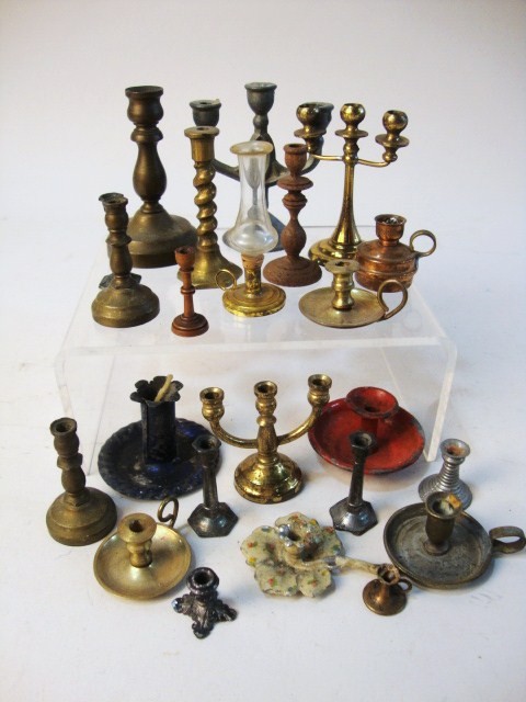 Miniature Candlesticks: Grouping of brass, tin, pewter & wooden candlesticks, 2 1/2" t