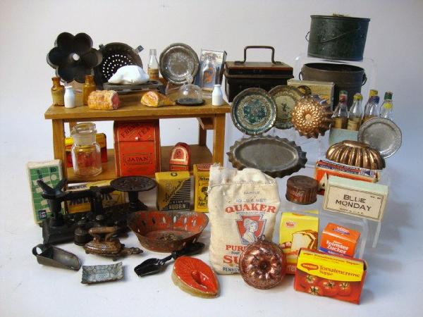 German Kitchen Accessories: Large group of German kitchen accessories, work table, tin, food boxes, cash box, etc. 5" t