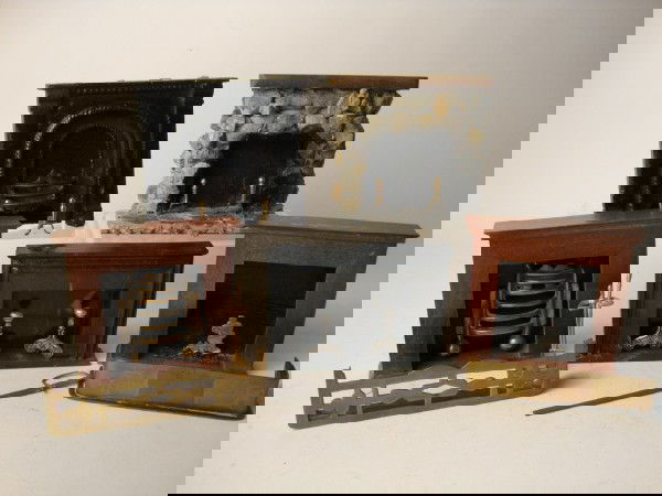 Dollhouse Fireplaces: Five dollhouse fireplaces, wood, metal & brick, includes brass fenders & andirons, 4 1/2" t