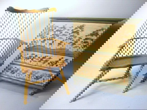 Fred Laughon Windsor Chair & Painted Chest: A lovely sample-size period reproduction of a Pennsylvania comb-back Windsor chair in a muted ochre finish by IGMA Fellow Fred Laughon. 16" H. Also a fine sample-size reproduction of a folk-painted li