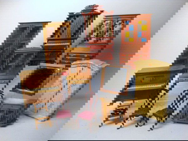 Contemporary Commercial Dollhouse Furniture: Secretary with chair and credenza by Reevesline, other pieces could be by Concord or Town Square. Organ, bookcase w/woodbooks, armoire, etc., 8" t