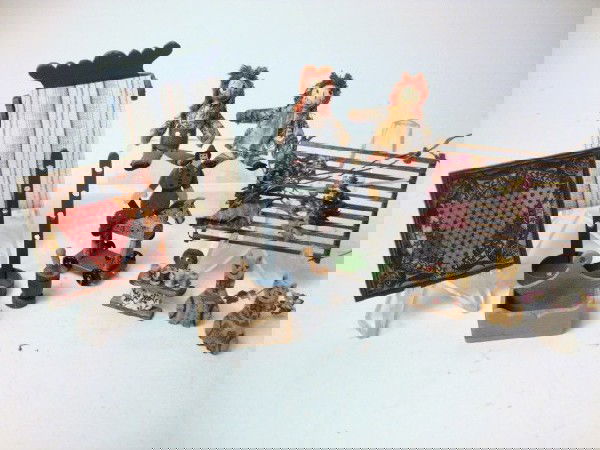 Miniatures by Renee Bowen & others: Toy horse, jumping jack, game board w/marbles, Shaker drying rack, 2 candle holders, mortar & pestle, 2 cat doorstops, sewing rack, towel rack all by Renee Bowen, wall box marked Taylor '83, Raggedy A