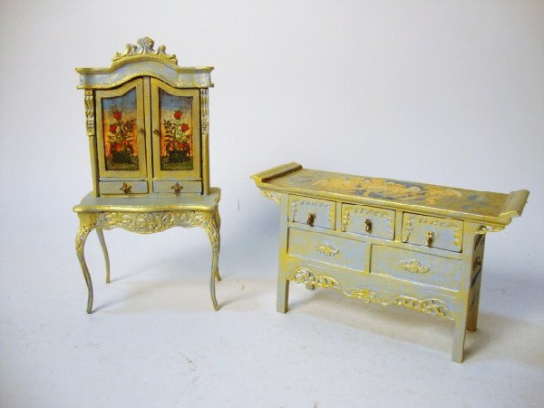 Hand painted Furniture from England: A lady's secretary and a Chinese server with glazed finish featuring beautiful hand-painted decoration, both with labels underneath from the London Supply Company of Kent.