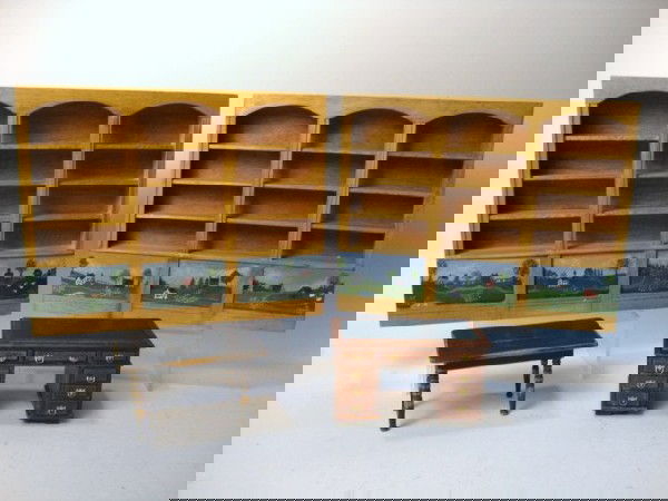 Painted Library Furniture: A pair of Houseworks bookcases with hand-painted country scenes on the lower panels, a painted country table signed BBE '97, and a commercial mahogany desk with hunting scenes painted on three sides.