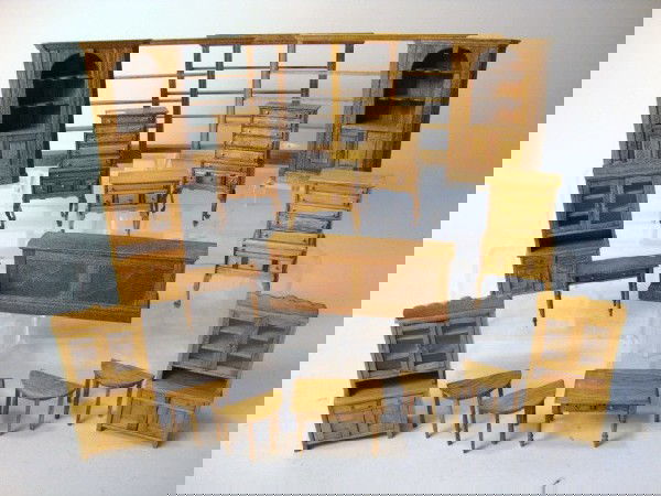 Bauder-Pine Furniture: Large lot of half-inch scale furniture by Bauder-Pine, including shop shelves and counter, corner cupboards, highboys, cabinets, lowboy, and tables. 19 pieces in total.