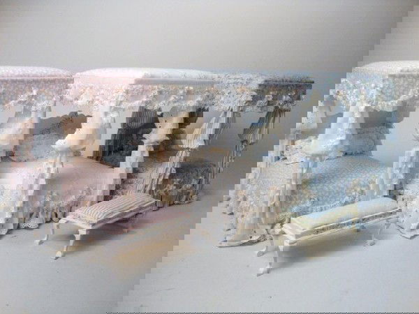 Three Carol Young Canopy Beds: A trio of very attractive artisan beds, elaborately upholstered and two with matching upholstered benches, all beautifully detailed and signed by artisan Carol Young.