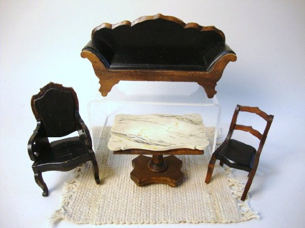 Tynietoy Victorian Parlor Suite: Lot of vintage Tynietoy parlor furniture in rare Victorian style w/painted settee, rare armchair, side chair, pedestal table w/hand-painted faux marble top, neutral colored Tynietoy woven rug, 3" t
