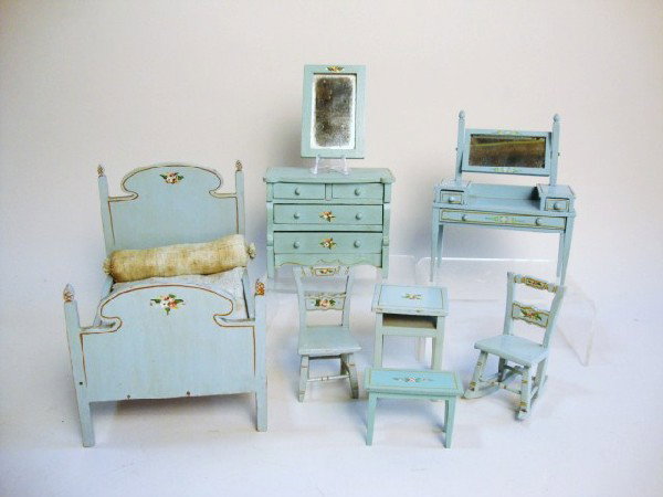Tynietoy Painted Bedroom Set: Set of vintage Tynietoy blue cottage furniture including high-post bed w/original early style mattress & roll pillow, chest of drawers, vanity & bench, bedside table, rocker, side chair, mirror. All p