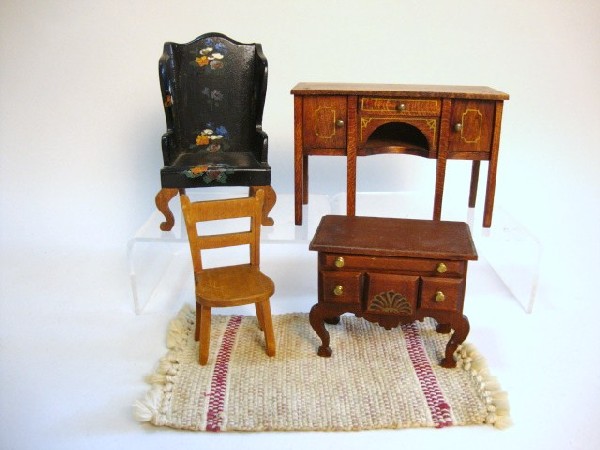 Tynietoy Wingchair and Lowboy: Tynietoy wingchair with hand-painted decoration, a sideboard, lowboy w/hand-painted shell decoration, a rare kitchen chair with faux maple paint decoration and a small woven rug, 4 3/4" t