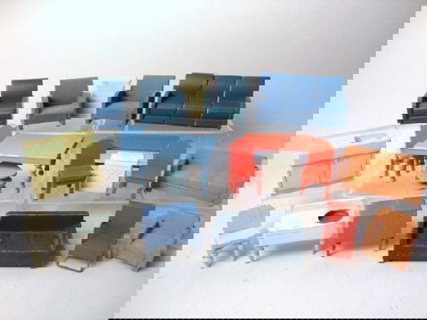 Small Scale Strombecker Furniture: Small scale Strombecker furniture: blue wood sectional sofa, kitchen table, sink, stove, chairs, miscellaneous other pieces, 2 3/8" t