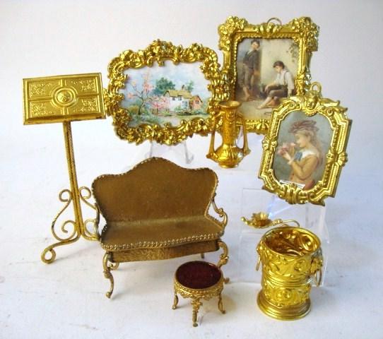 Ormolu Dollhouse Accessories: Ormolu dollhouse accessories: 3 pictures, music stand, umbrella stand, stool, vase, candlestick, sofa, 4 1/2" t