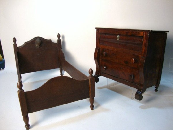 Doll Size Chest and Jenny Lind Bed: Doll size Empire chest with Victorian Jenny Lind doll bed, chest 12" t, bed 19" (l) x 12" (w) x 11 3/4" (h)