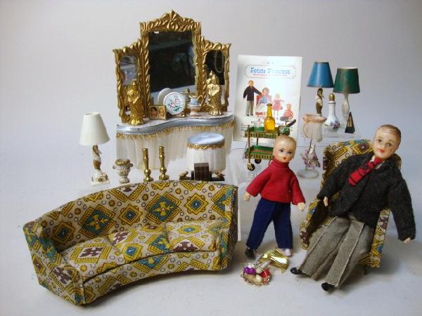 Ideal Petite Princess Furniture: Ideal Petite Princess Furniture, sofa & chair, dresser, 4 different lamps, tea cart, many accessories, father, son, booklet, 5 1/2" t