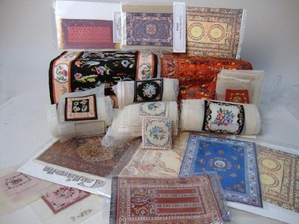 Fine Needlepoint for Rugs and Cushions: A large assortment of needlepoint worked on fine mesh to use for rugs, chair cushions and throw pillows. Over forty-five pieces of needlework plus nine other printed or woven rugs, some in original pa