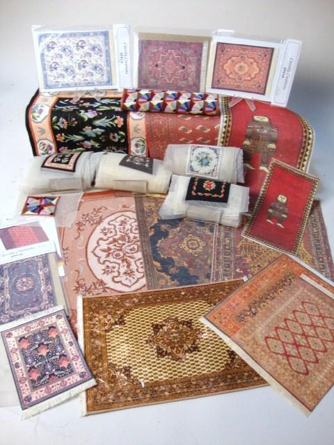 Fine Needlepoint for Rugs and Cushions: A large assortment of needlepoint worked on fine mesh to use for rugs, chair cushions and throw pillows. Over three dozen pieces of needlework plus 14 other printed or woven rugs, including six half-i