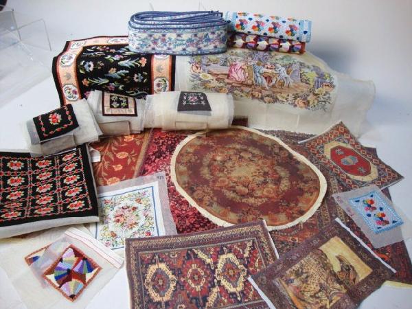 Fine Needlepoint for Rugs and Cushions: A large assortment of needlepoint worked on fine mesh to use for rugs, chair cushions and throw pillows. Over forty-two pieces of needlework plus 12 other printed or woven rugs.