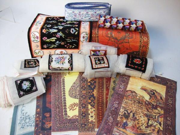 Fine Needlepoint for Rugs and Cushions: A large assortment of needlepoint worked on fine mesh to use for rugs, chair cushions and throw pillows. Over fifty pieces of needlework plus 10 other printed or woven rugs.
