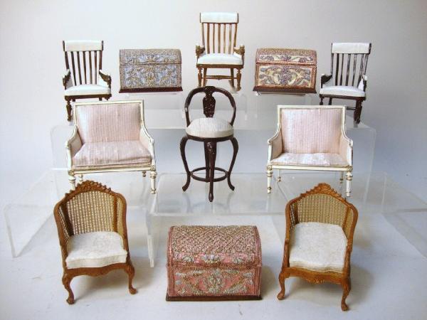 Bespaq Chairs: Large group of different Bespaq chairs and three embroidered trunks. 11 pcs.