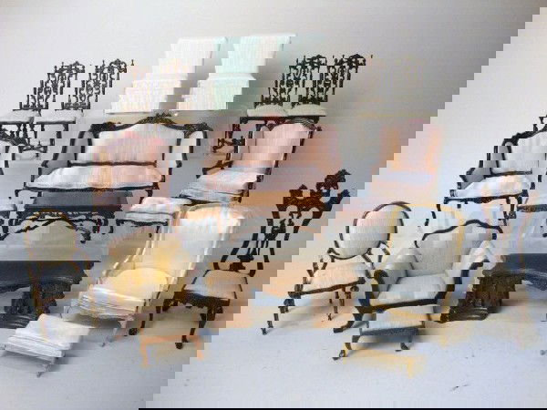 Large Lot of Bespaq: A generous assortment of Bespaq chairs including four matched dining chairs, plus upholstered pieces, and occasional tables. Two chairs are missing a leg.