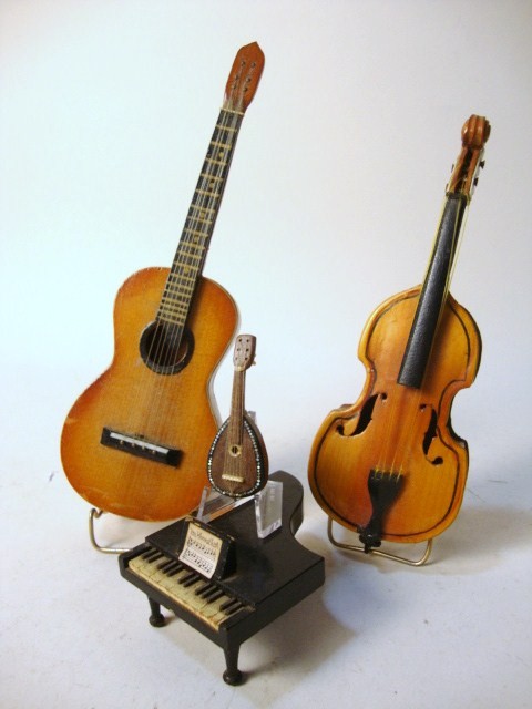 Musical Instruments: Large scale guitar, violin, small mandolin, piano, 9" t