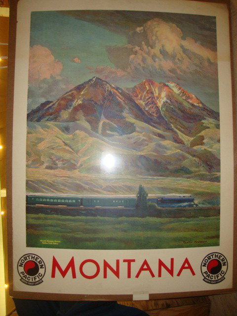 Advertising Wall Poster Railroad: Reproduction of a painting of the Absoroka Mountains, Montana, with passenger train in foreground by Gustav Krollman, Along the bottom is the title Montana between two Northern Pacific logos, 30 x 40"