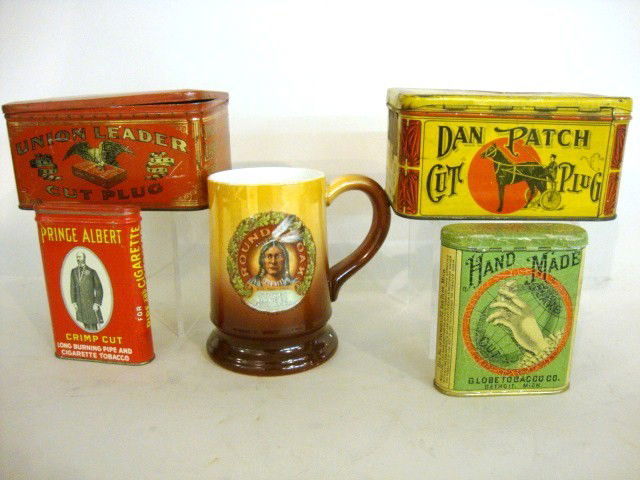 Advertising Tins, Mug: Cut Plug Union League Tin, Dan Patch Cut Plug Advertising Tin, Two small tobacco tins, Round Oak Stoves, Ranges and Furnace. 5pcs. Tins 3 " tall, Mug 5 "