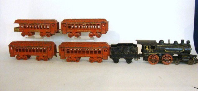 Hubley Cast Iron Train Set Engine, Tender, 6 pc: Vintage 6 piece Hubley Floor Cast Iron Train Set, Engine 857, 3 Washington#44 coaches, & a #44 Narcissus Observation, all measurements in inches L,W,H, engine 11 1/2 x 3 x 4, tender 5 1/4 x 2 1/4 x 3 
