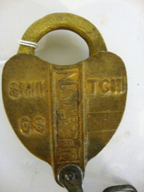 Switch Lock Brass Heart Shaped: Brass Switch Heart shaped Lock NORTHERN PACIFIC cast in back panel,SWITCH raised each side of back panel, no mfg on key drop