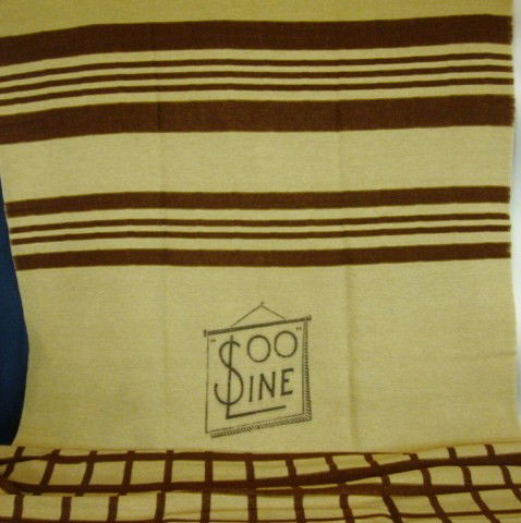 Soo Line Railroad Blanket: Soo Line Railroad Blanket, Wool, brown and beige squares and bands with old Style Banner logo at center 80 x 52"