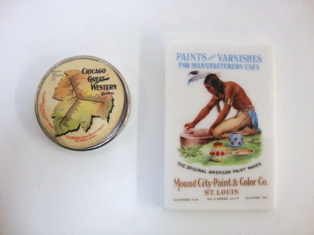 Advertising Paper Weights: Advertising Paper Weights , Mound City Paint & Color Co. , Chicago and Great Western Railway 3 x 5", 3" round