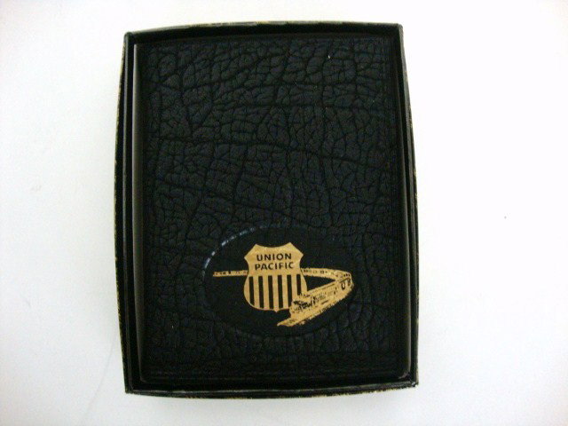 Union Pacific Playing Cards in Elephant Hide Case: Two Decks of Cards, w/brass pen & scoring table in a genuine elephant hide black case, cards are still in original plastic wrap