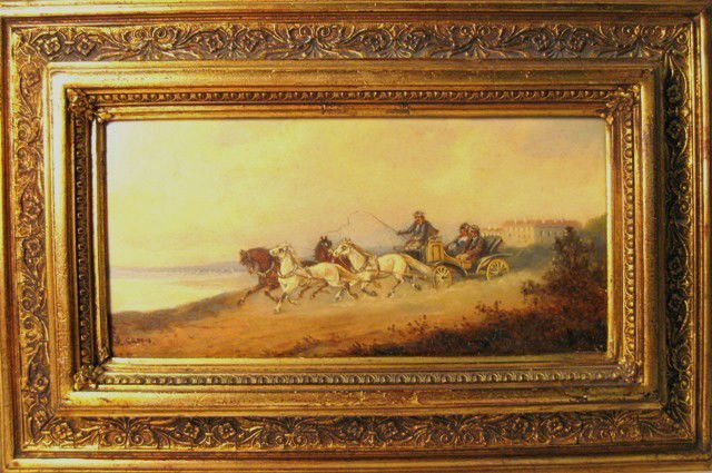 R Green Oil On Wood Panel: R Green (English 19th Century) Horses pulling a carriage, oil on wood panel, 6-¼ x 12-½ inches, signed lower right, R Green.