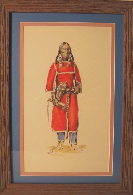 Ace Powell Watercolor On Paper: Ace Powell (American 1912-1978) Blackfoot Indian man standing in full red dress with war club, watercolor on paper, 14-¾ x 8-¾ inches, signed lower left "Powell" with an ace of hearts device.