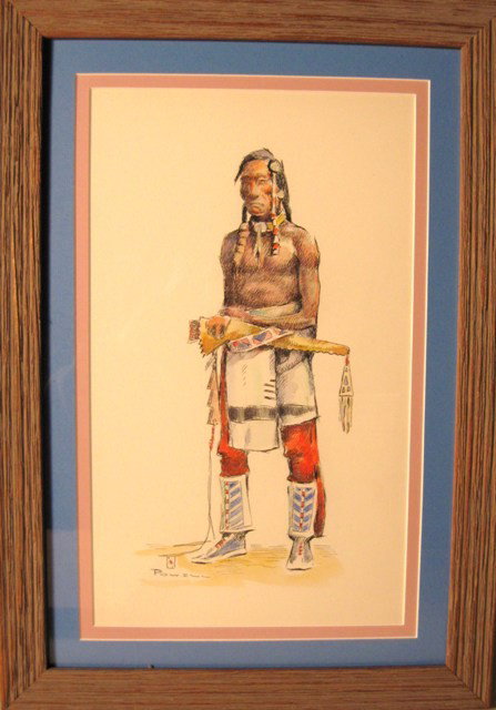 Ace Powell Watercolor On Paper: Ace Powell (American 1912-1978) Blackfoot Indian man standing shirtless in Indian dress, watercolor on paper 14-¾ x 8-¾ inches, signed lower left "Powell" with an ace of hearts device.