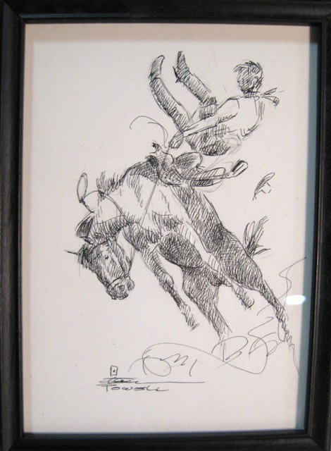 Ace Powell Pen And Ink On Paper: Ace Powell (American 1912-1978) Bronco buster with cowboy about to be thrown, pen and ink on paper, 7 x 5 inches signed lower left "Powell" with an ace of hearts device.