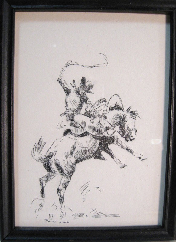 Ace Powell Pen And Ink On Paper: Ace Powell (American 1912-1978) Cowboy riding a bronco twirling a lasso, pen and ink on paper, 7 x 5 inches signed lower left "Powell" with an ace of hearts device.