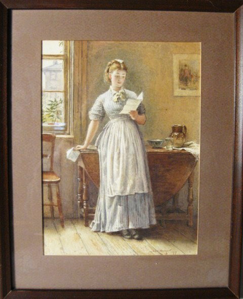 George Goodwin Kilburn Watercolor On Paper: George Goodwin Kilburn (British 1839-1924) A woman in a blue striped dress standing reading a letter, watercolor on paper, 9-¼ x 6-¾ inches (sight), signed and dated lower right "G G Kilurne, 77".