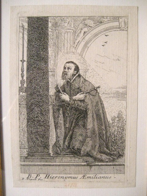 Giovanni Domenico Tiepolo Etching: Giovanni Domenico Tiepolo (Italian 1727-1804) Saint Gerolamo Emiliani praying for the end of the plague, etching 5-5/8 x 3-7/8 inches, inscribed in the plate "B.P. Hieronymus Aemilianus" "D. Tiep