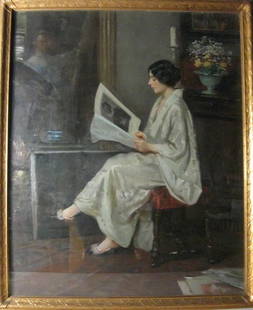 Henry R Rittenberg Oil On Canvas: Henry R Rittenberg (American 1879-1969) "In the Studio" Portrait of a woman seated, dressed in white and reading a magazine, oil on canvas, 38-½ x 31-½ inches, signed lower left "Rittenberg".