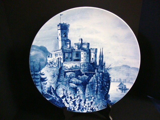 Large Villeroy & Boch Blue and White Charger: Blue & White Charger w/scene of castle overlooking river V&B over M mark on back 17 1/2" (di)