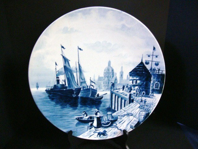 Large Villeroy & Boch Blue & White Charger: Blue & White Charger w/scene of ship in harbour V&B over M mark on back, 17 1/2" (di)