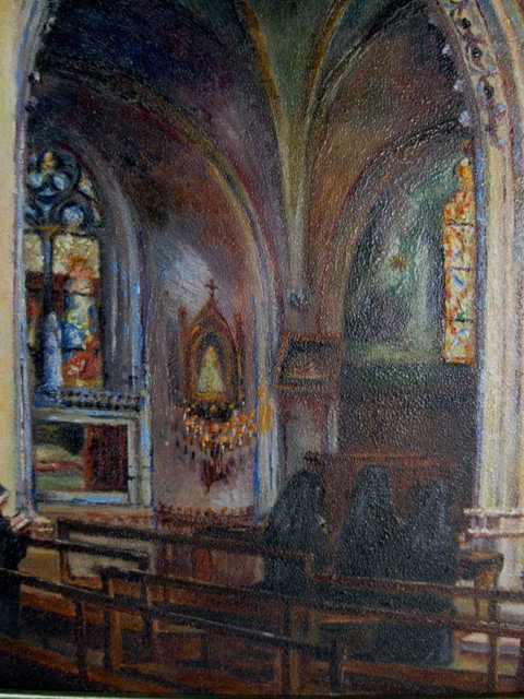 French School Oil On Academy Board: French School (early 20th Century) Evening vespers, nuns praying in a chapel, oil on academy board, 10 1/2 x 8 1/2 inches, initials lower left