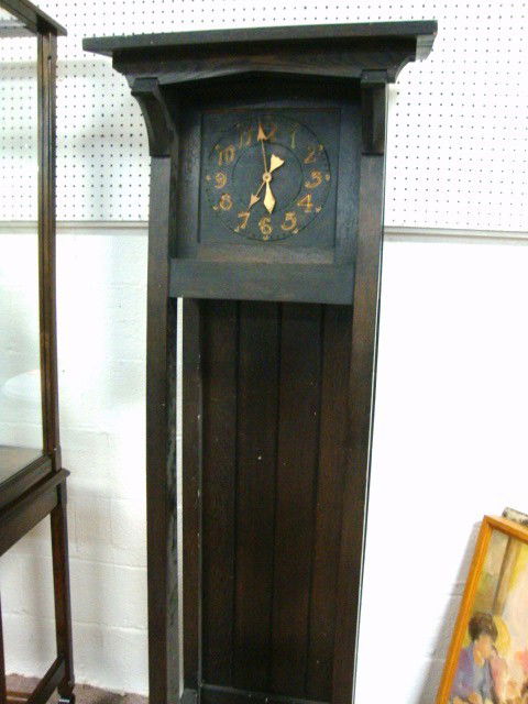 Mission Oak Grandfather Clock: Misson Oak Grandfather Clock with Shingled Roof, in the manner of Roycroft time & strike 71"(h)
