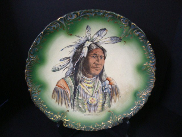 Haynes Baltimore Indian Charger: Indian Charger depicting Indian Chief Spotted Wolf, scalloped rim with gold decorated border, 13" t