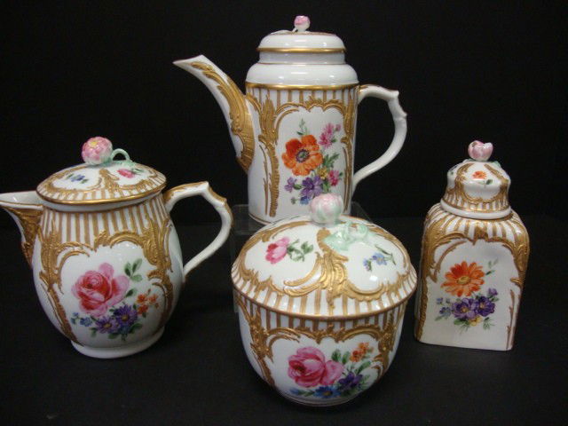 Meissen KPM Tea Set: Meissen KPM Tea Set Teapot, Creamer, Sugar Bowl & tea Caddy, beautifully decorated with hand painted flowers, and gold gilting 4 to 11" t