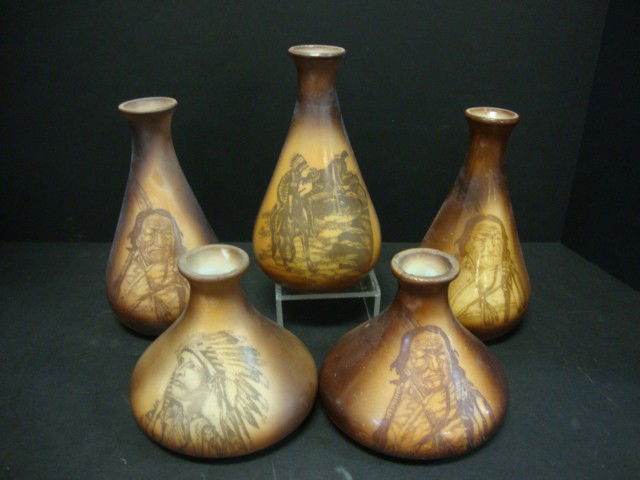 Brown Indian Bristol Vases: Five Brown Bristol Vases 7" ( h) all with American Indian tranfers