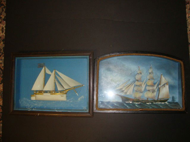 Pair Shadow Box Ship Models: Pair Shadow Box Ship Models, painted carved boats in shadow box frame, one w/rope edging 12 x 15"
